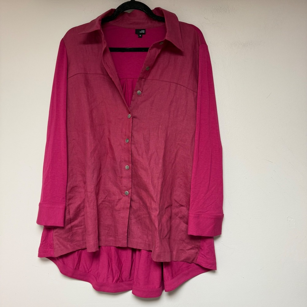 Lisa Bayne Button Down Tunic Women Medium Magenta Excellent Linen Bamboo Mixed